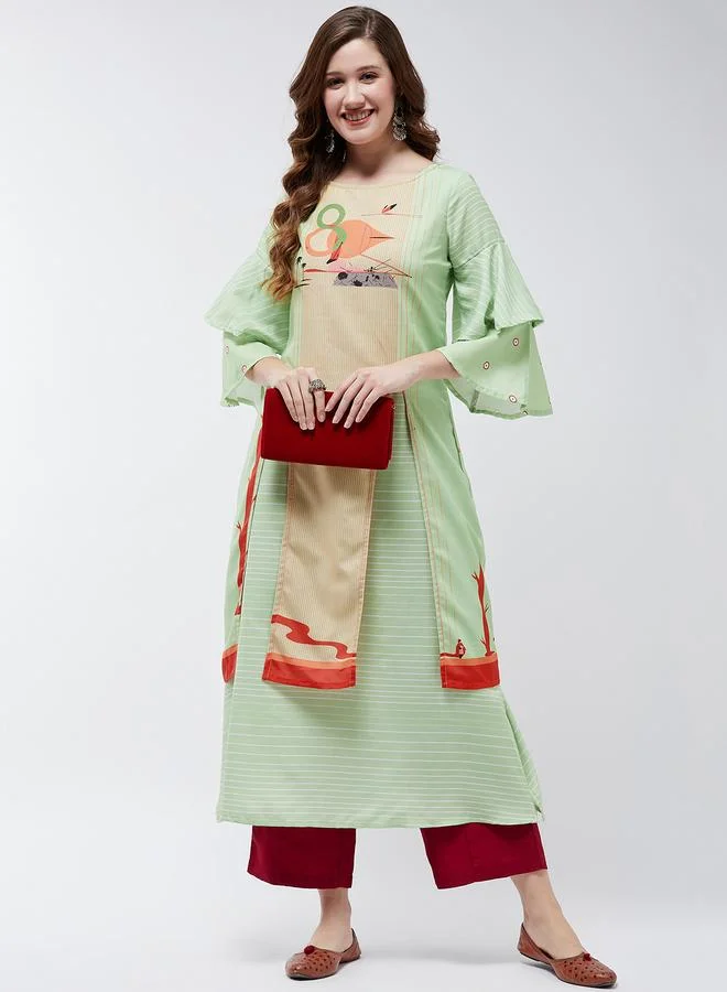Take Two Green Double Layered Flamingo Printed Kurta By Pannkh
