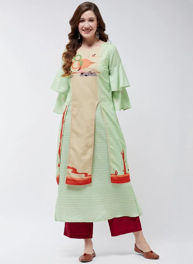 Take Two Green Double Layered Flamingo Printed Kurta By Pannkh
