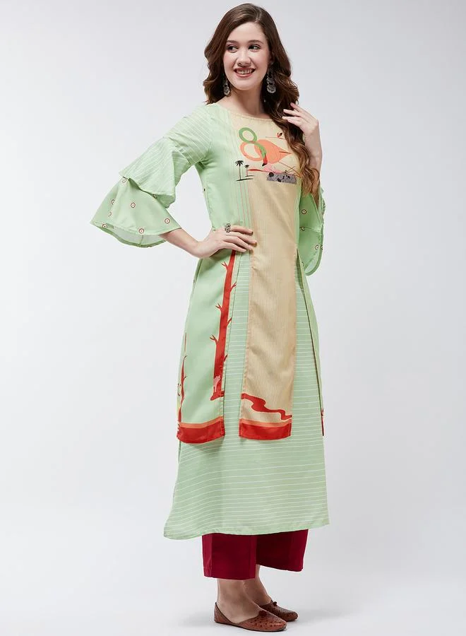 Take Two  Green Double Layered Flamingo Printed Kurta By Pannkh for Women | Best Price UAE