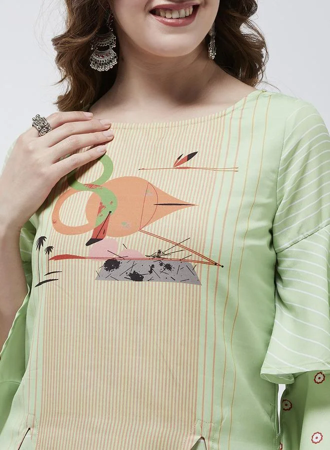 Take Two  Green Double Layered Flamingo Printed Kurta By Pannkh for Women | Best Price UAE