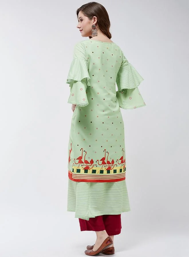 Take Two  Green Double Layered Flamingo Printed Kurta By Pannkh for Women | Best Price UAE