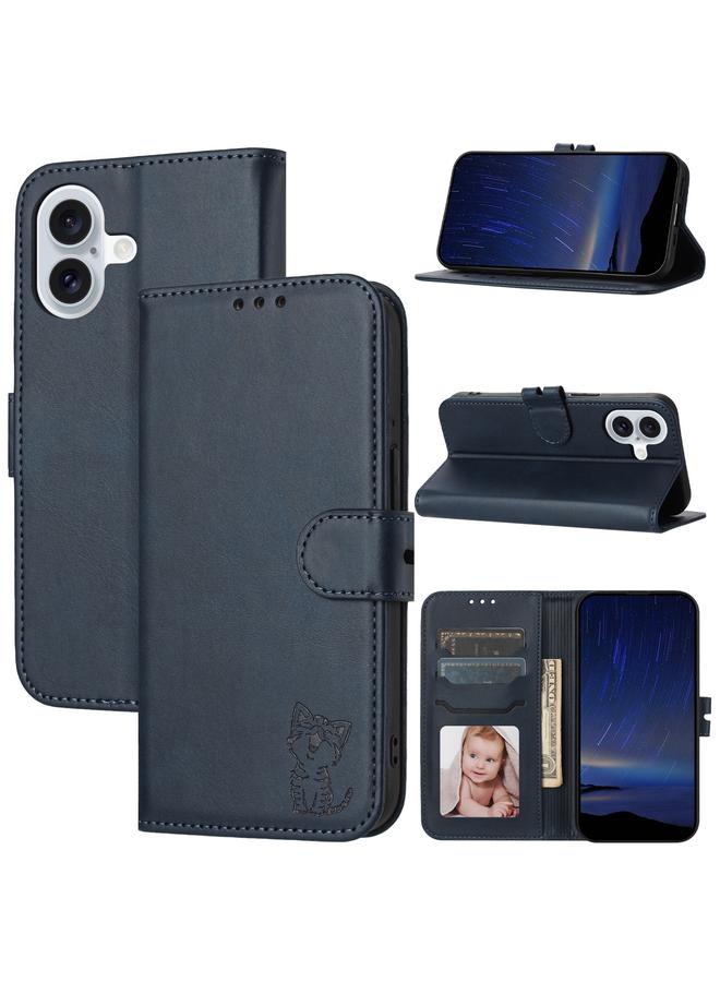 اس-توب جراب هاتف iPhone 16 من الجلد المنقوش بنمط قطة سعيدة - Image 1