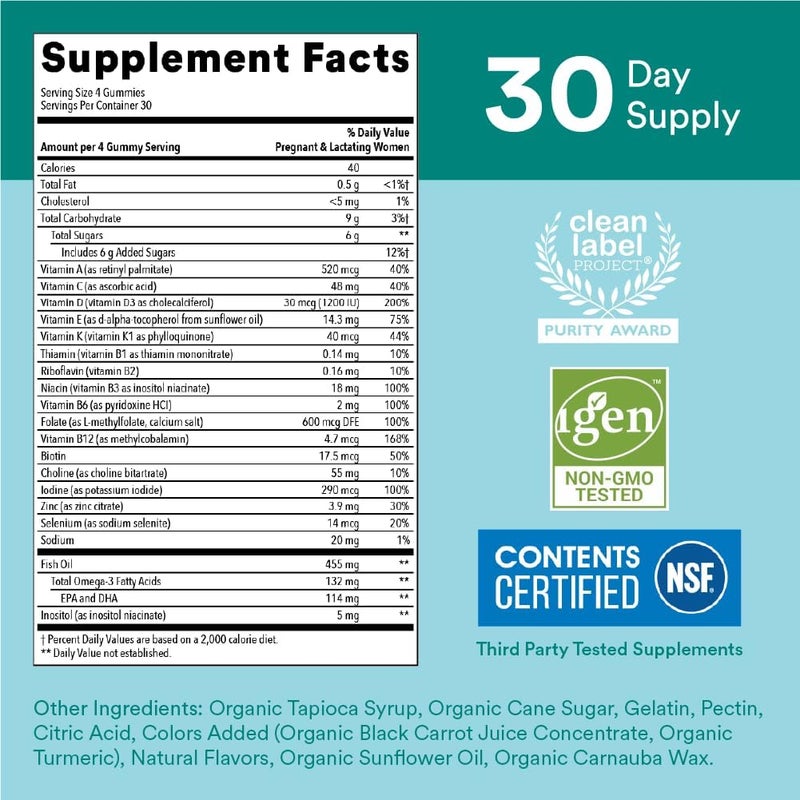 SmartyPants فيتامينات ما قبل الولادة للنساء، جوميز متعددة الفيتامينات: زيت السمك أوميغا 3 (EPA/DHA)، البيوتين، ميثيلفولات، فيتامين D3، C، فيتامين B12، B6، A، K والزنك، إينوزيتول، 120 حبة (إمداد لمدة 30 يوم) - Image 4
