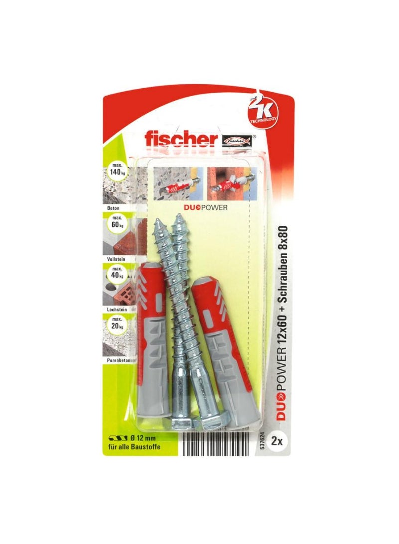 Fischer DuoPower Universal Plug W/ Screw Pack 1.2 x 6cm 2Pcs