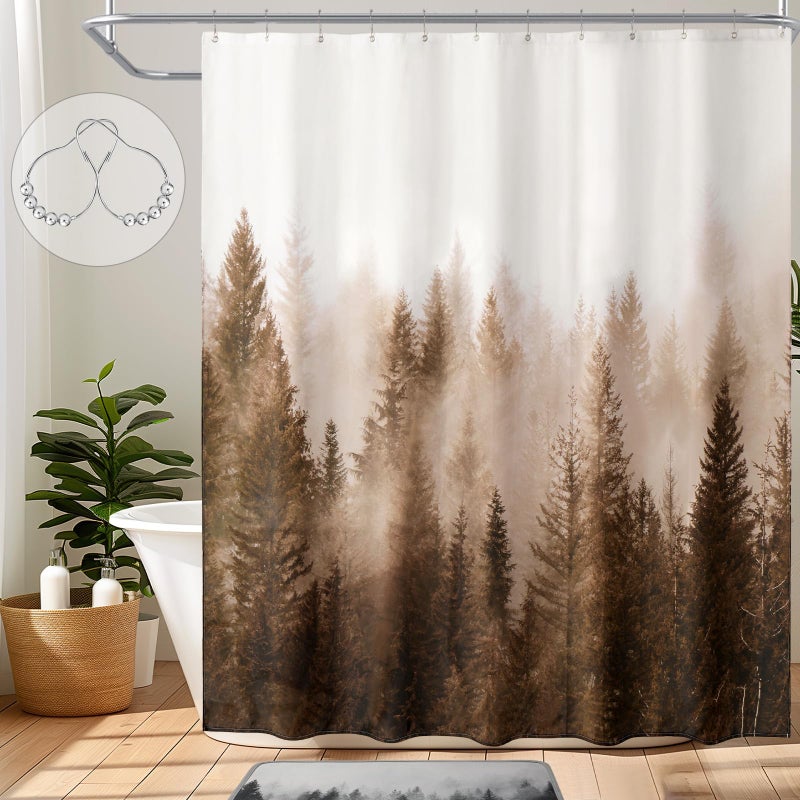 ORTIGIA Brown Misty Forest Shower Curtain for Bathroom, Nature Woodland Shower Curtain Set with Hooks, Decorative Pine Tree Fog Magic Bath Curtain for Home, Waterproof Fabric, Weighted, 72x72 - Image 1