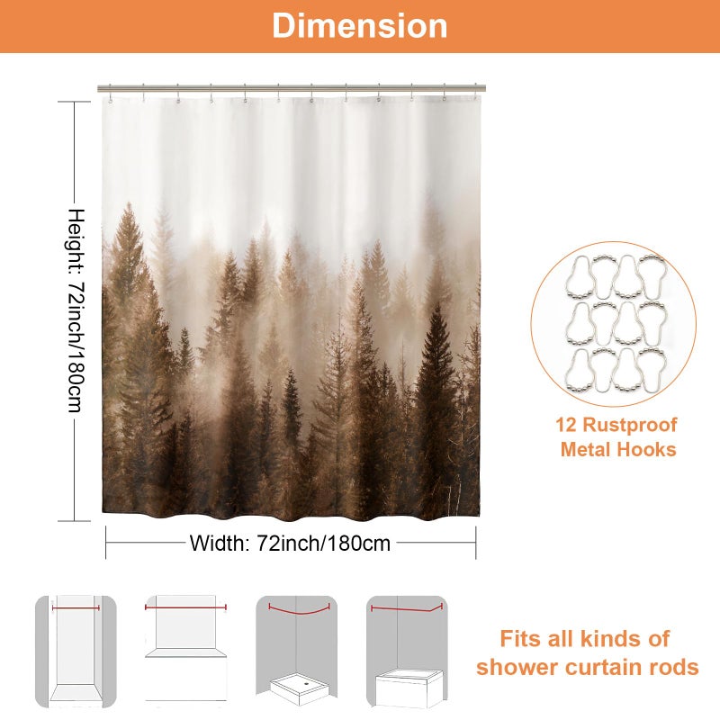 ORTIGIA Brown Misty Forest Shower Curtain for Bathroom, Nature Woodland Shower Curtain Set with Hooks, Decorative Pine Tree Fog Magic Bath Curtain for Home, Waterproof Fabric, Weighted, 72x72 - Image 2