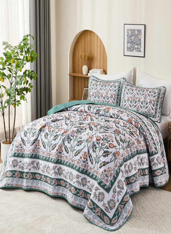 DJY Queen Size Quilt Sets, Green Floral Quilt Set Queen 3 Pieces Boho Bedspread Coverlet Set with 2 Pillowcases Soft Lightweight Microfiber Bedding for All Season (96"x90") - Image 2