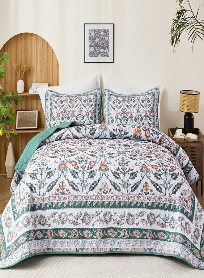 DJY Queen Size Quilt Sets, Green Floral Quilt Set Queen 3 Pieces Boho Bedspread Coverlet Set with 2 Pillowcases Soft Lightweight Microfiber Bedding for All Season (96"x90") - Image 1