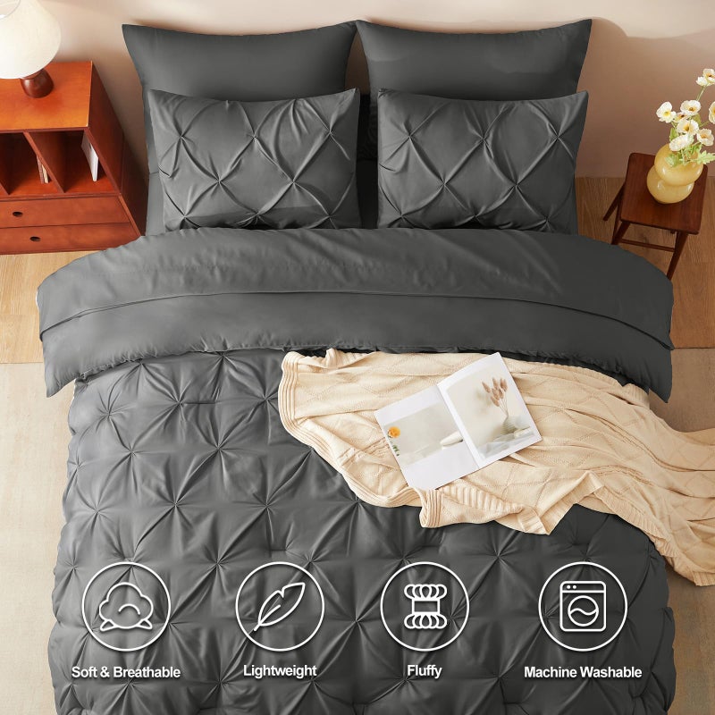 HIMEET Pintuck Bed in a Bag, 7 Pieces Queen Size Comforter Set Dark Grey, Pinch Pleat Bed in a Bag, Soft All Season Bedding Sets with Comforter, Flat Sheet, Fitted Sheet and Pillowcases & Shams - Image 2