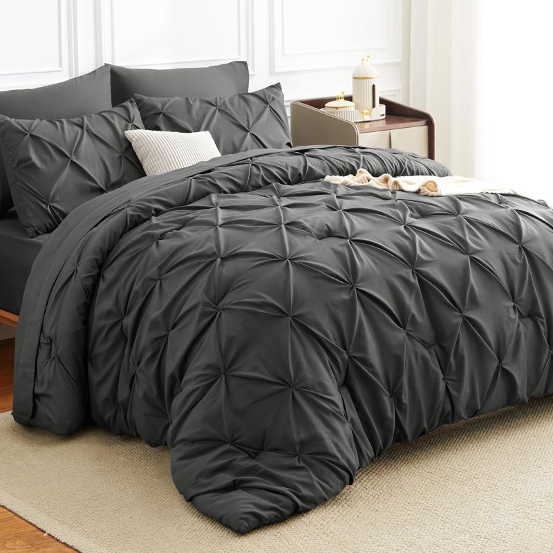 HIMEET Pintuck Bed in a Bag, 7 Pieces Queen Size Comforter Set Dark Grey, Pinch Pleat Bed in a Bag, Soft All Season Bedding Sets with Comforter, Flat Sheet, Fitted Sheet and Pillowcases & Shams - Image 1