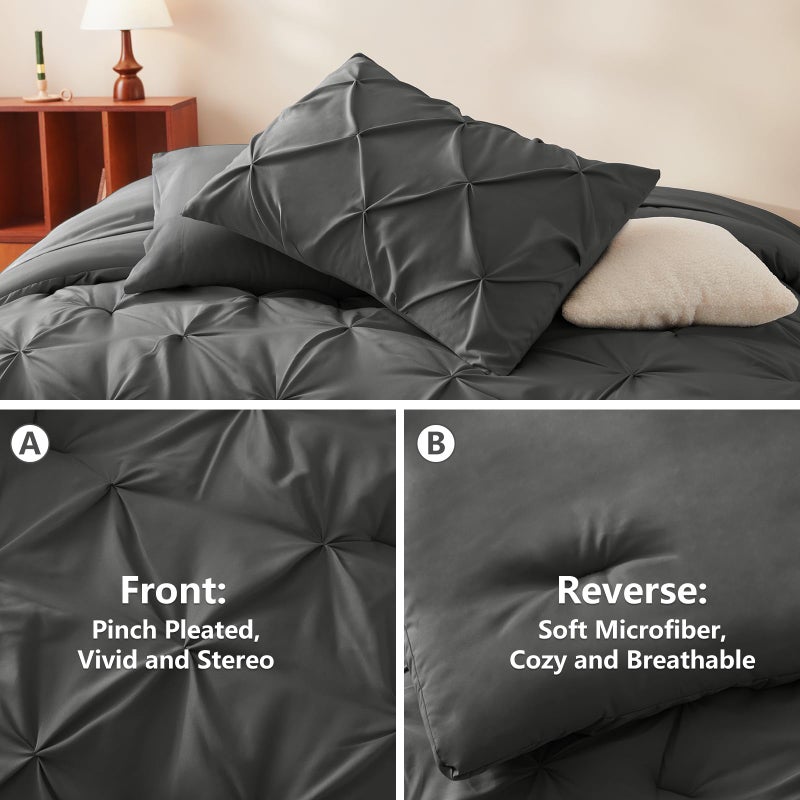 HIMEET Pintuck Bed in a Bag, 7 Pieces Queen Size Comforter Set Dark Grey, Pinch Pleat Bed in a Bag, Soft All Season Bedding Sets with Comforter, Flat Sheet, Fitted Sheet and Pillowcases & Shams - Image 3