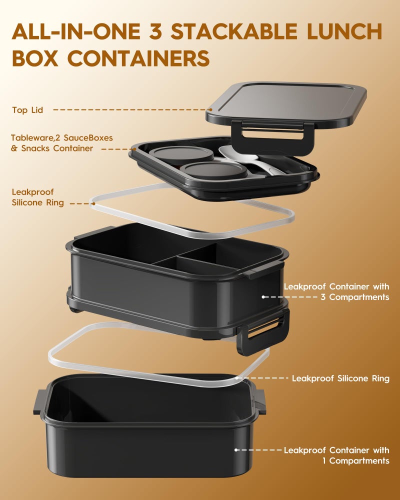 KEMETHY Adults Bento Lunch Box Set with Thermo Bag, 74oz Stackable Leak-proof 3-tiers Bento Box, Built-in Utensil and Sauce Container for Work, School, Dining Out (Black) - Image 4