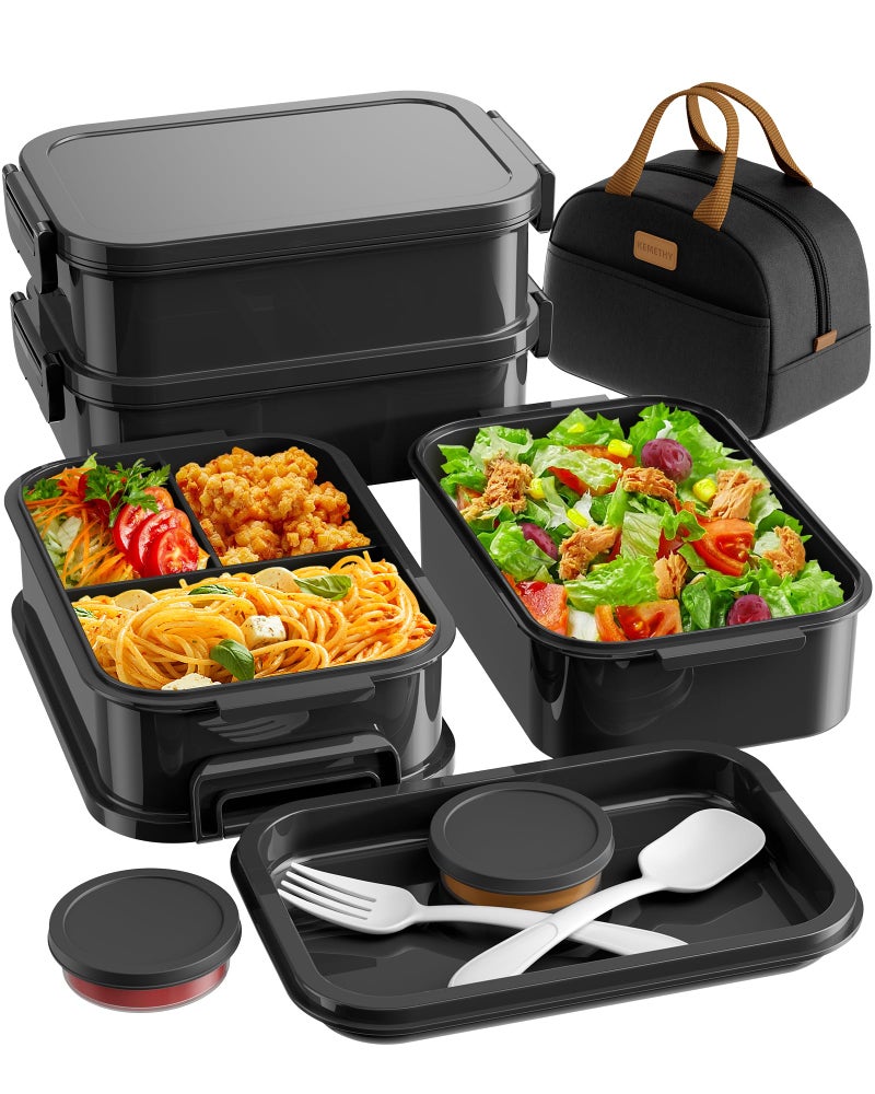 KEMETHY Adults Bento Lunch Box Set with Thermo Bag, 74oz Stackable Leak-proof 3-tiers Bento Box, Built-in Utensil and Sauce Container for Work, School, Dining Out (Black) - Image 1