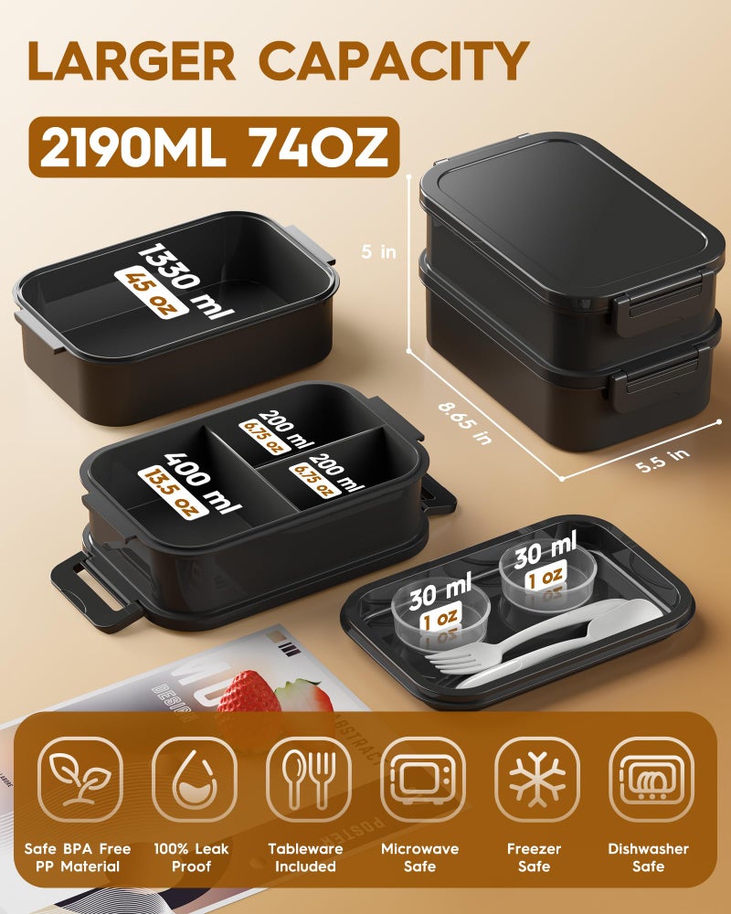 KEMETHY Adults Bento Lunch Box Set with Thermo Bag, 74oz Stackable Leak-proof 3-tiers Bento Box, Built-in Utensil and Sauce Container for Work, School, Dining Out (Black) - Image 3