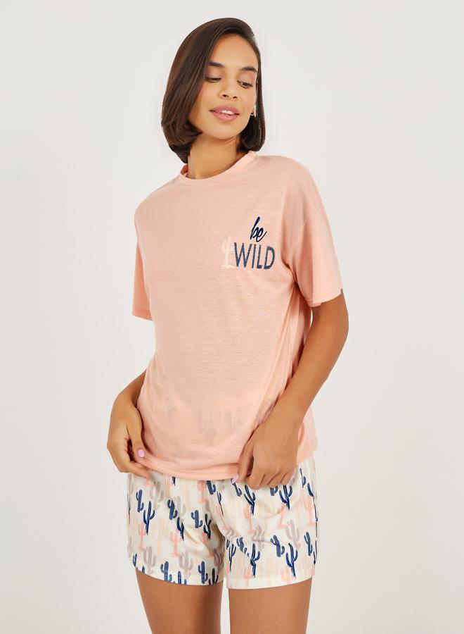 Styli Be Wild Graphic T-Shirt and Cactus Print Shorts Set  - Image 1