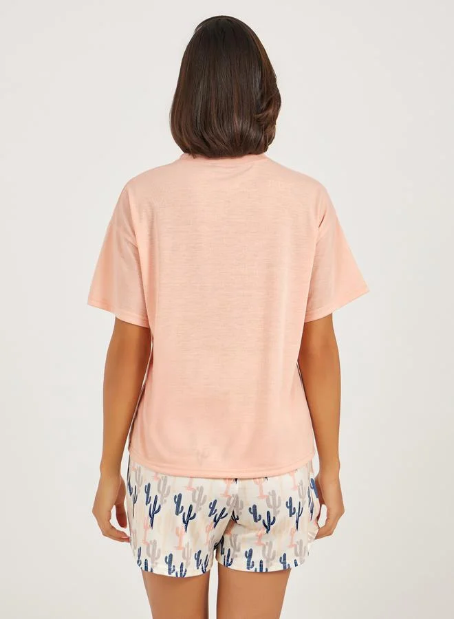 Styli Be Wild Graphic T-Shirt and Cactus Print Shorts Set