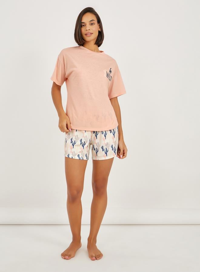 Styli Be Wild Graphic T-Shirt and Cactus Print Shorts Set  - Image 2