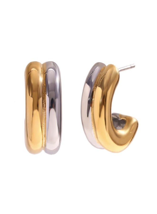 Pierced Owl Stainless Steel C-Shaped Double Hoop Earrings, Sold as a Pair (Two Tone) - Image 1