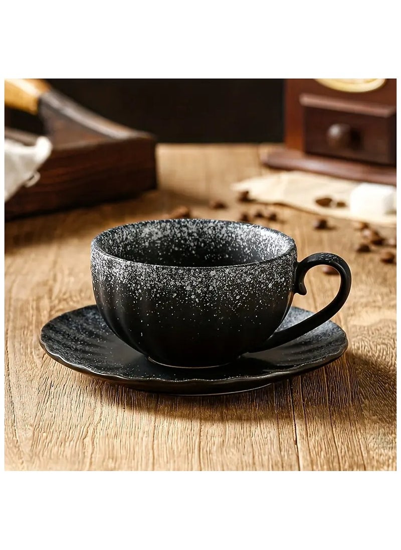 Qahwa Black ceramic cup with saucer with scattered white dots, perfect for use  - Image 1