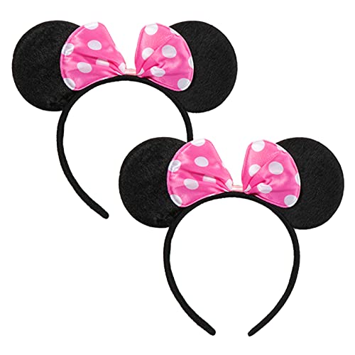 CHuangQi Mouse Ears Headband 2pcs, Solid Black and Pink Bow with Polka Dot, Party Favors - Image 1