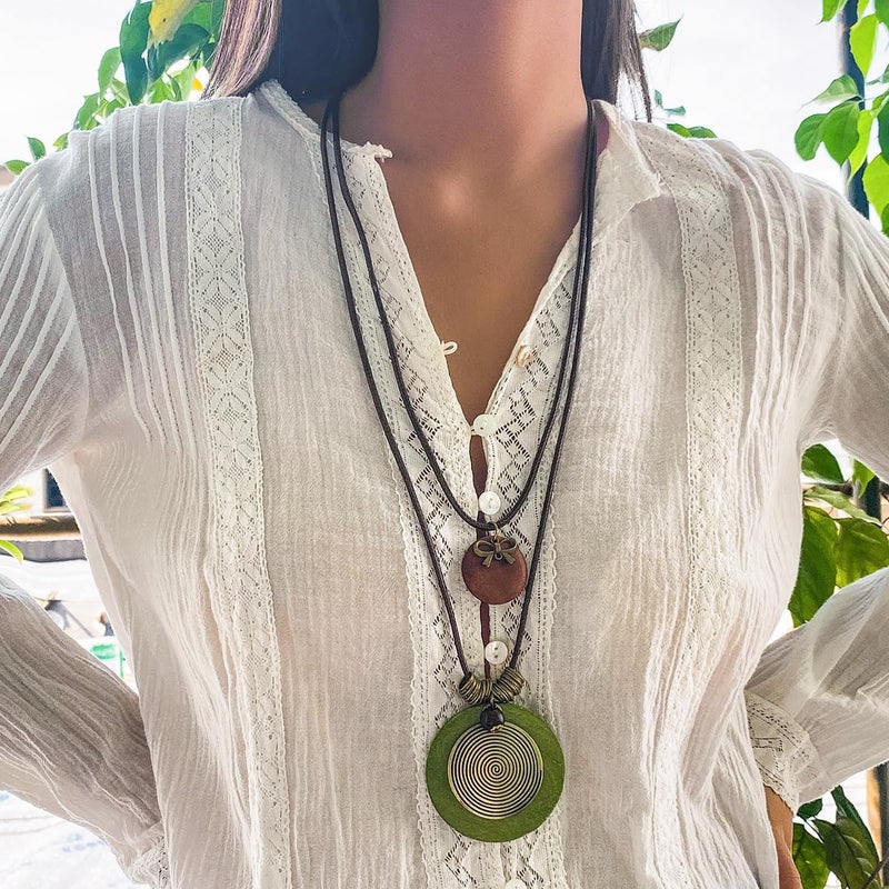 GIGB PBDK Long Boho Necklaces for Women Stacking Leather Cord Wooden Disc Pendant Necklaces Choker Vintage Adjustable Trendy Necklace Jewelry Gift (Green) - Image 4