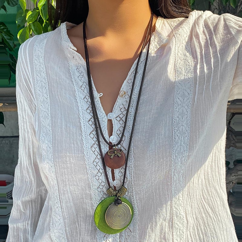 GIGB PBDK Long Boho Necklaces for Women Stacking Leather Cord Wooden Disc Pendant Necklaces Choker Vintage Adjustable Trendy Necklace Jewelry Gift (Green) - Image 5