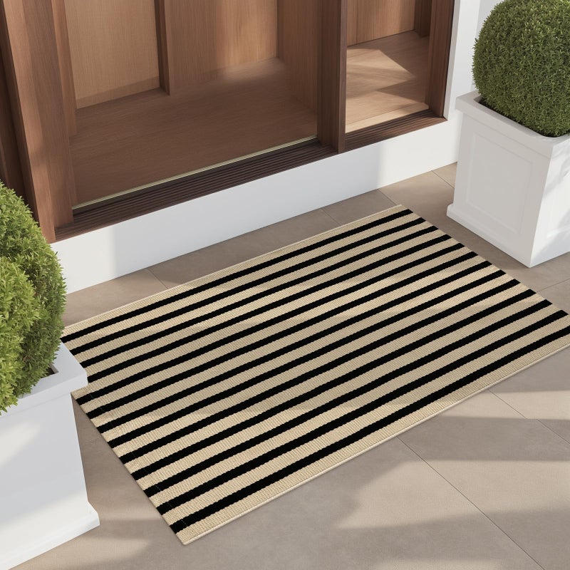 LEEVAN Outdoor Door Mat 2x3 Washable Welcome Mat Woven Black and White Entryway Rug Farmhouse Front Porch Decor Outside Entrance Striped Outdoor Floor Mats