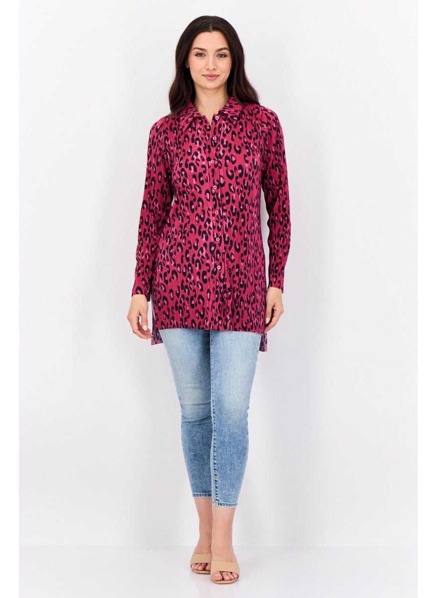 Cyrus - Women Pointed Neck Long Sleeve Animal Print Blouse, Multicolor - Image 1