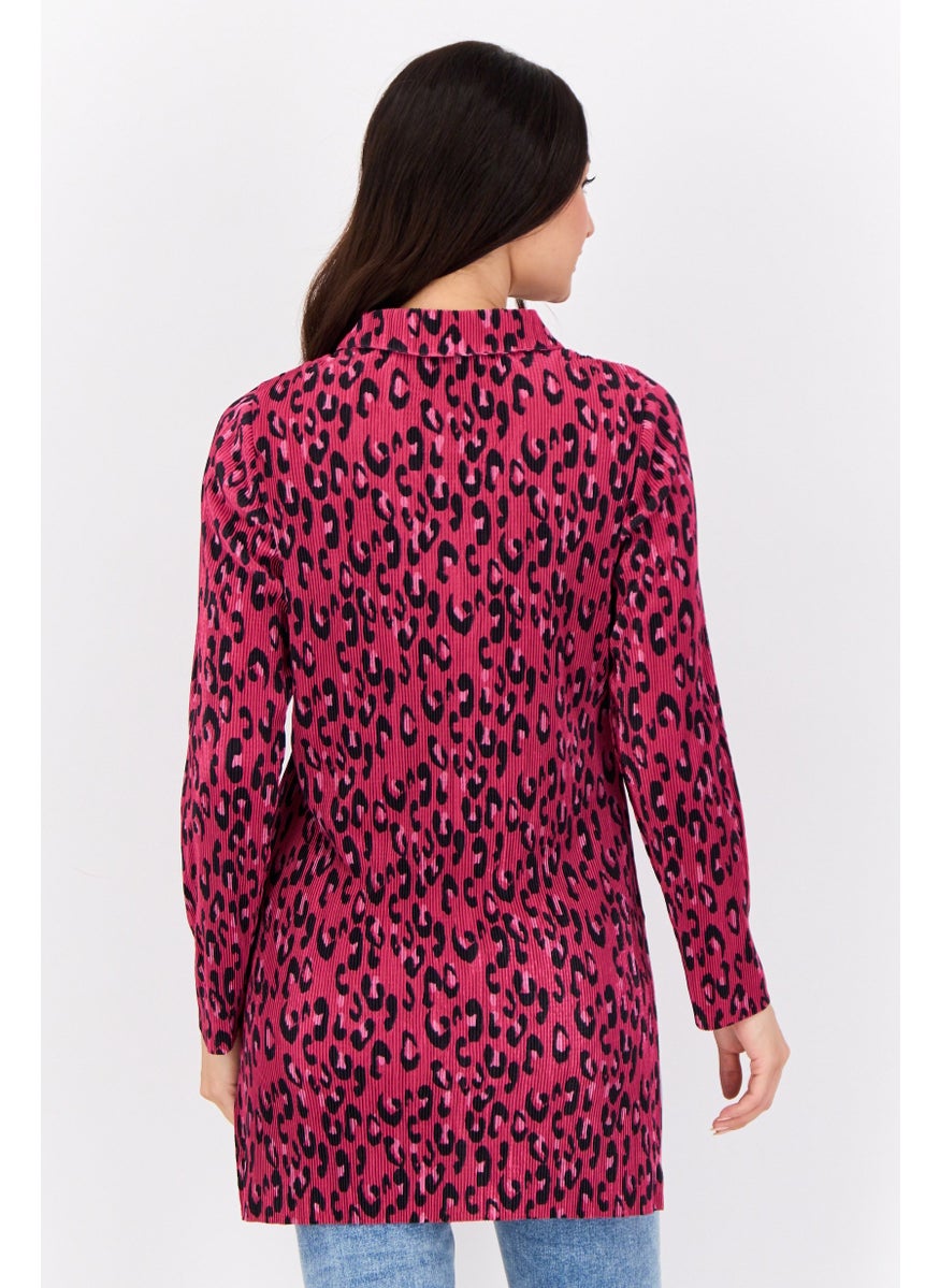 Cyrus - Women Pointed Neck Long Sleeve Animal Print Blouse, Multicolor - Image 1