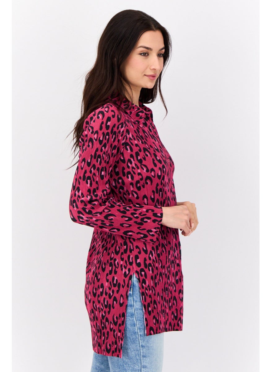 Cyrus - Women Pointed Neck Long Sleeve Animal Print Blouse, Multicolor - Image 1