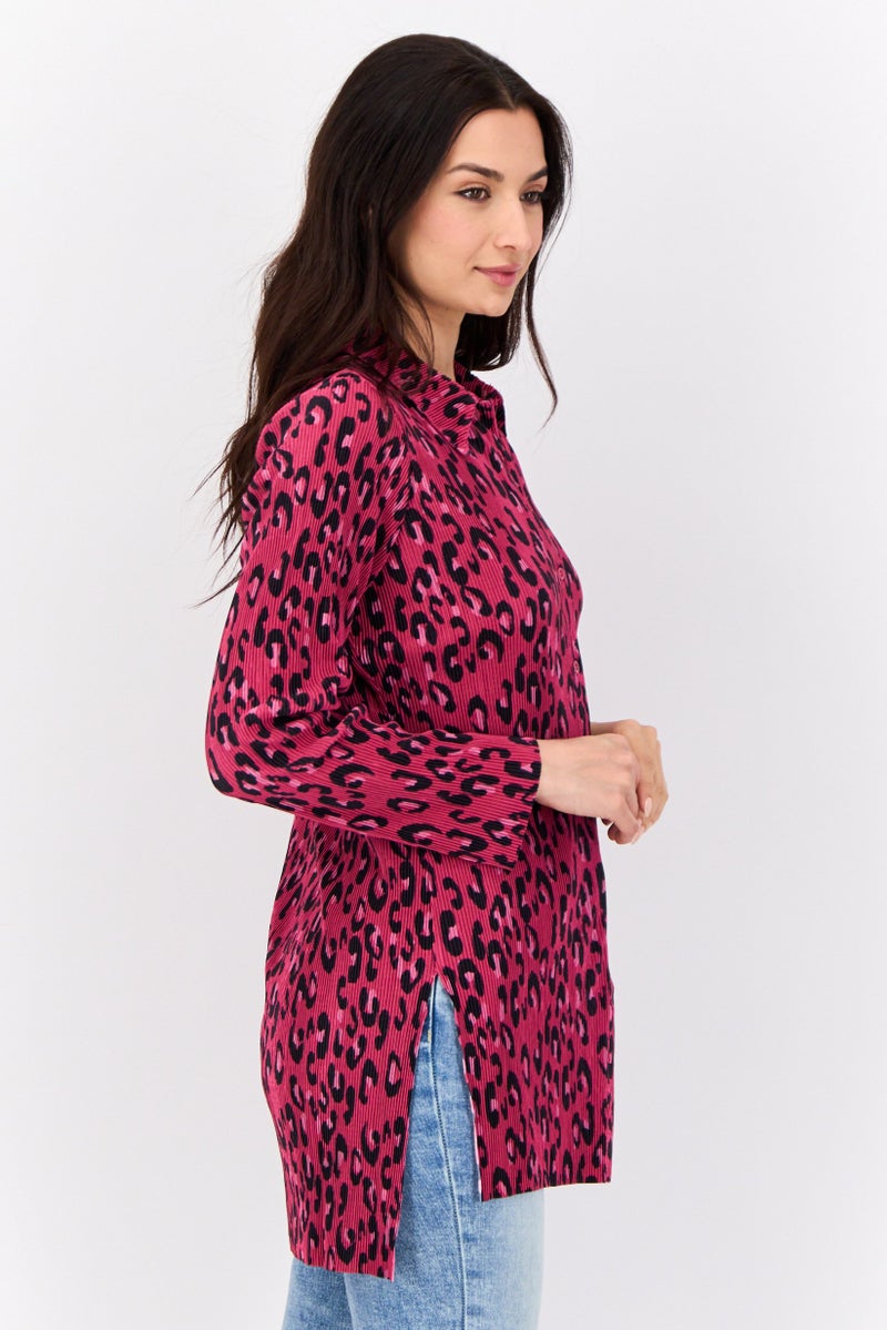 Cyrus Women Pointed Neck Long Sleeve Animal Print Blouse, Multicolor - Image 2