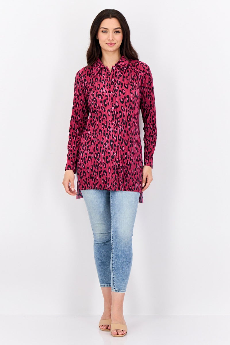 Cyrus Women Pointed Neck Long Sleeve Animal Print Blouse, Multicolor - Image 4