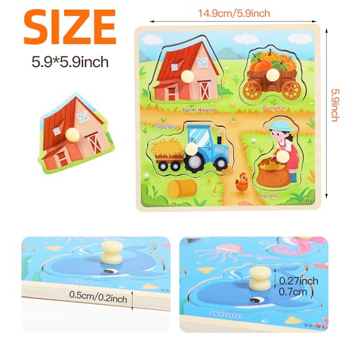 Melofaver 6PCS Wooden Toddler Puzzles Montessori Toys Peg Puzzles for 35 Kid Toddler Learning Educational Toys Kids Puzzle Dinosaur Farm Farm Animals Sea Animals Fruit Baby Puzzle Gift for Boys Girls - Image 5