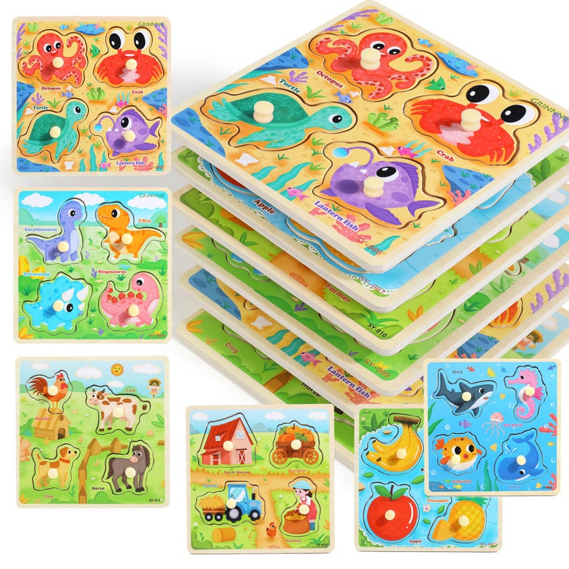 Melofaver 6PCS Wooden Toddler Puzzles Montessori Toys Peg Puzzles for 35 Kid Toddler Learning Educational Toys Kids Puzzle Dinosaur Farm Farm Animals Sea Animals Fruit Baby Puzzle Gift for Boys Girls - Image 3