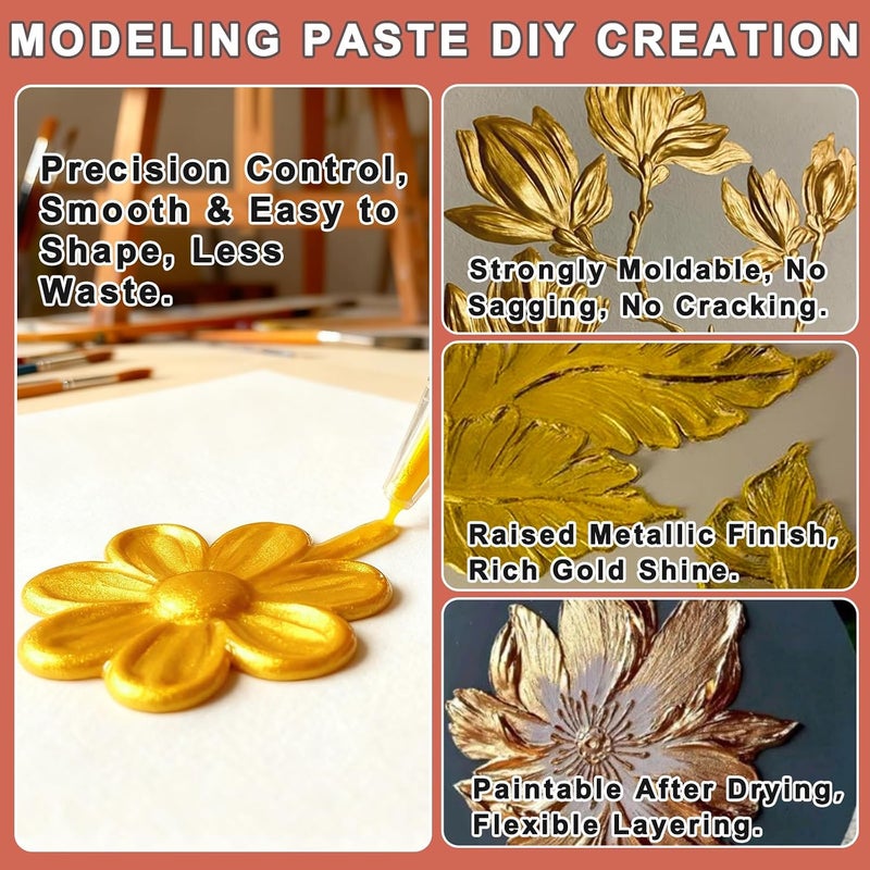 JAJADO Golden Modeling Paste for Textured Art 3.53Oz/100ml with 5pcs Bag, 3D Sculpture Painting Paint, Acrylic Medium, Texture Paste for Craft, Stencils for Painting, Ideal for Wood/T-Shirts/Glass/Stone - Image 4