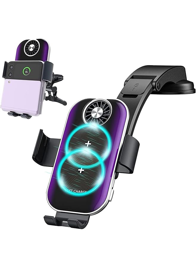 إكسفور شاحن سيارة لاسلكي لهاتف Samsung Galaxy Z Flip 5، [ملفان مزدوجان] حامل هاتف سريع الشحن للسيارة للوحة القيادة بفتحة التهوية لهاتف Samsung Galaxy Z Flip 4/3/2، iPhone 14 - Image 1