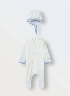 Generic Newborn Coming Home Set – Cotton Sleepsuit with Hat, OEKO-TEX Certified, Two-Way Zipper, Soft First-Layer Outfit, Anti-Scratch Cuffs, Size 56, Ecru/Blue 