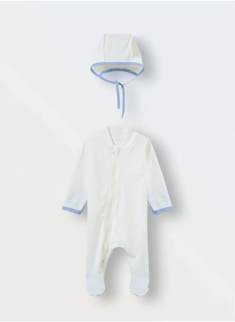 Generic - Newborn Coming Home Set – Cotton Sleepsuit with Hat, OEKO-TEX Certified, Two-Way Zipper, Soft First-Layer Outfit, Anti-Scratch Cuffs, Size 56, Ecru/Blue - Image 1