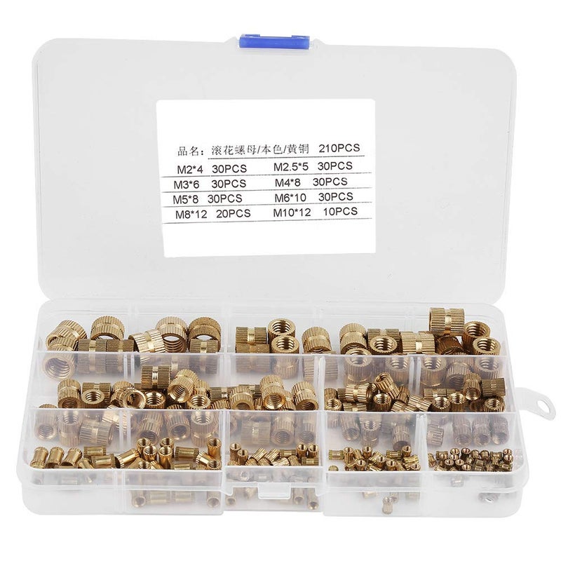 210pcs Brass Cylinder Knurled Threaded Round Insert Embedded Nuts, Knurled Nut Set, Brass Nut with Knurled for Secure Installation, Includes - Image 1