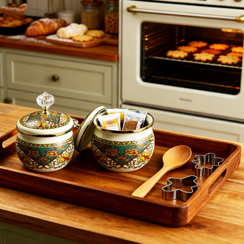 Leebright Floral Enamel Sugar Bowl Gold Ethnic Seasoning Jar Vintage Tea Canister Spice Box Retro Coffee Candy Storage Pot Bohemian Salt Container Jar for Home Kitchen Decor - Image 5