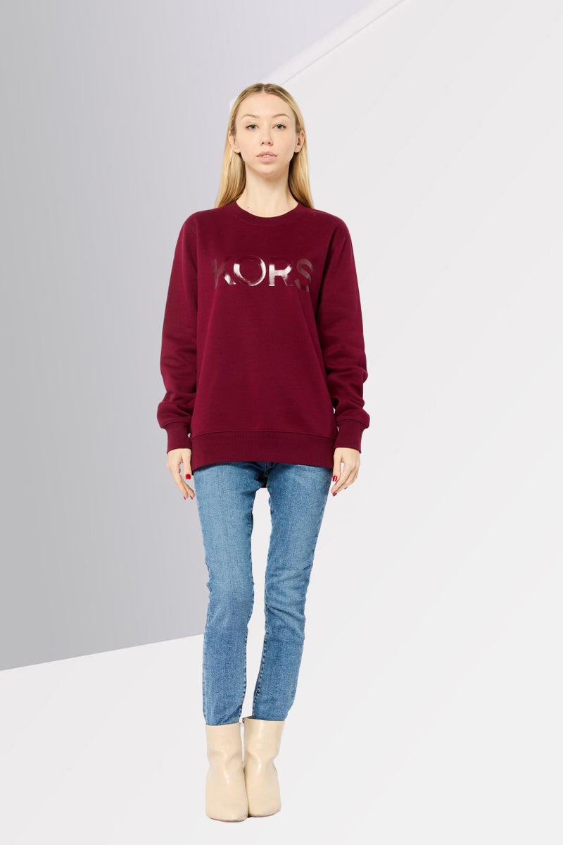 Michael Kors Women Crew Neck Brand Logo Long Sleeve Sweatshirt, Maroon - Image 2