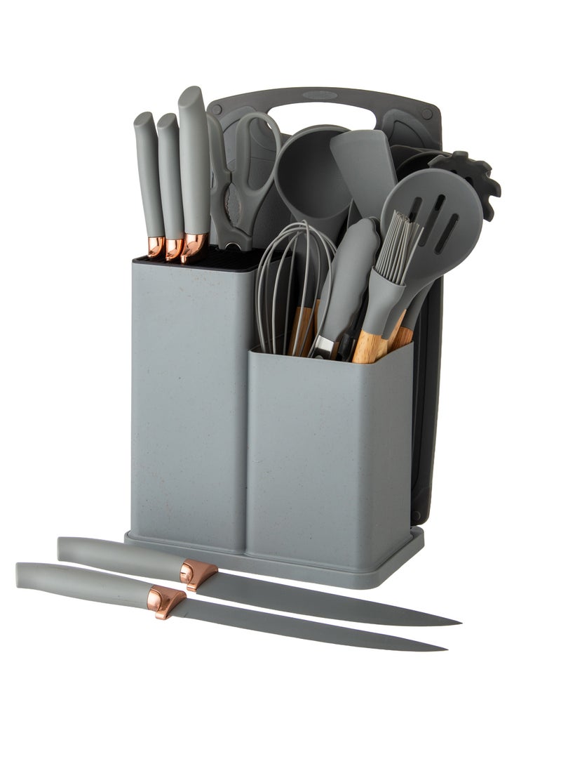 دانيا مجموعة ادوات المطبخ من السيليكون وسكاكين من الغرانيت مكون من 19 قطعة رمادي - Image 2