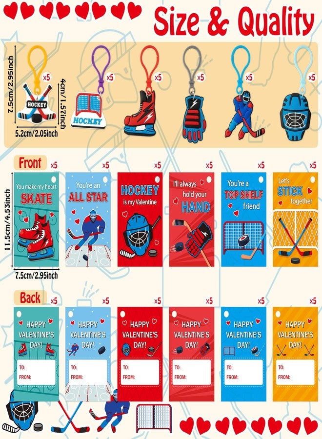 Haooryx Valentine's Day Gift Card with Hockey Keychain - 30 Pack Cute Hockey Keychain with Greeting Card Sport Key Ring for Kid Boy Classroom Exchange Gift Student Reward Sport Game Prizes Party Favor - Image 2
