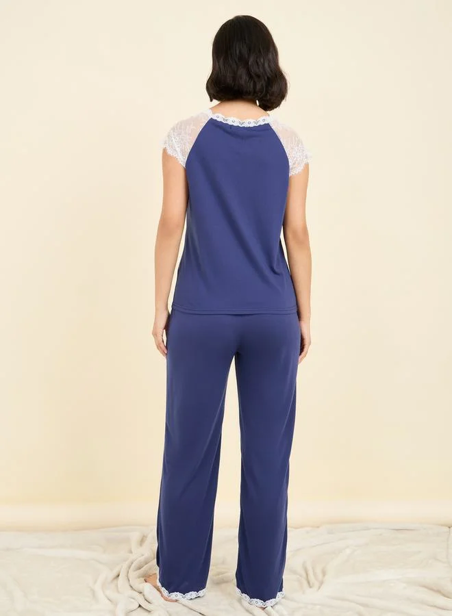 Styli Lace Trim Sleeves V Neck T-shirt and Pyjama Set