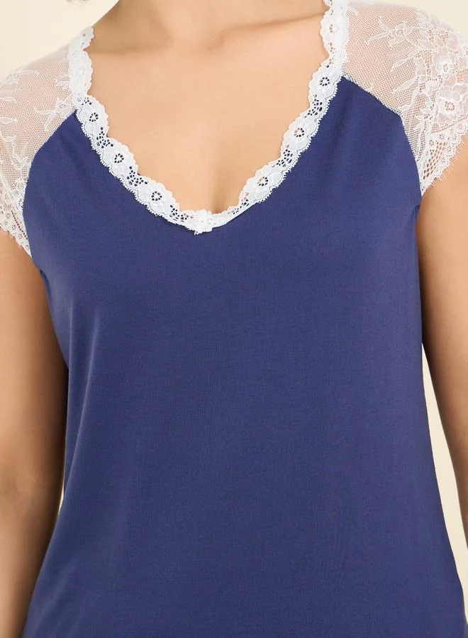 Styli Lace Trim Sleeves V Neck T-shirt and Pyjama Set