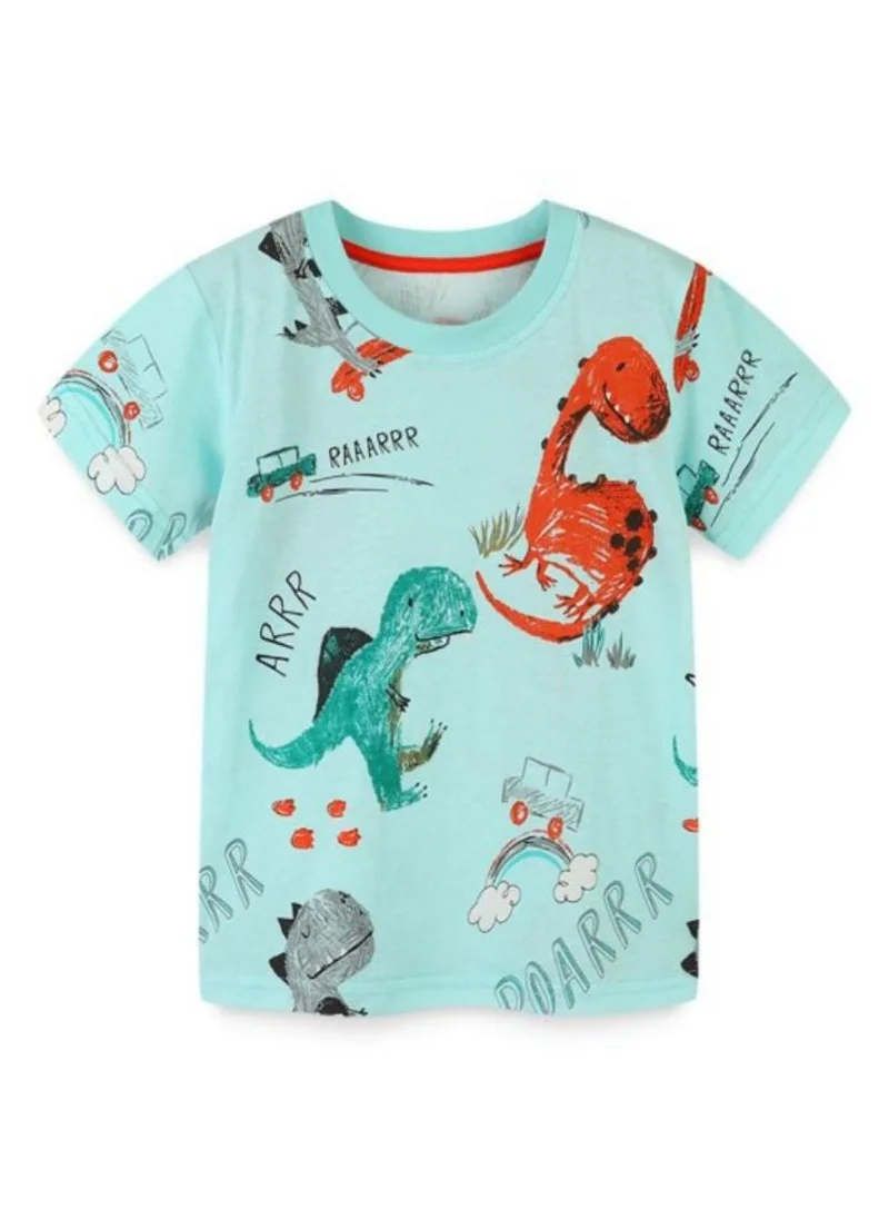 يونيكي Turquoise Blue Conversational Printed Round Neck Cotton T-shirt