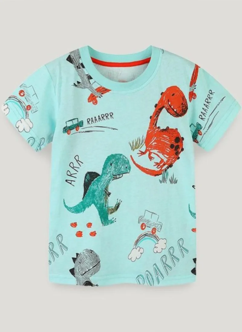 يونيكي Turquoise Blue Conversational Printed Round Neck Cotton T-shirt