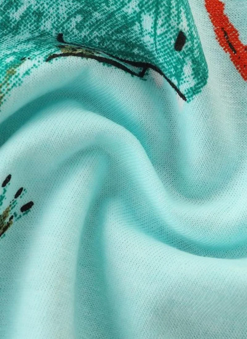 يونيكي Turquoise Blue Conversational Printed Round Neck Cotton T-shirt