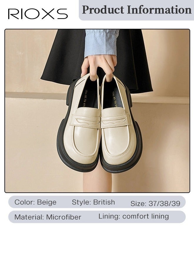 RIOXS Loafers for Women, Classic Slip-on Chunky Loafers, Wide Round-toe Shoes, Comfy Mary Jane Shoes with Stable Outsole, Women's Mid-heel Slip-on Shoes, Dress Business Casual Loafers, Stylish Penny Loafer Designed for the Busy, On-the-Go Lifestyle, Soild White Loafers - Image 3