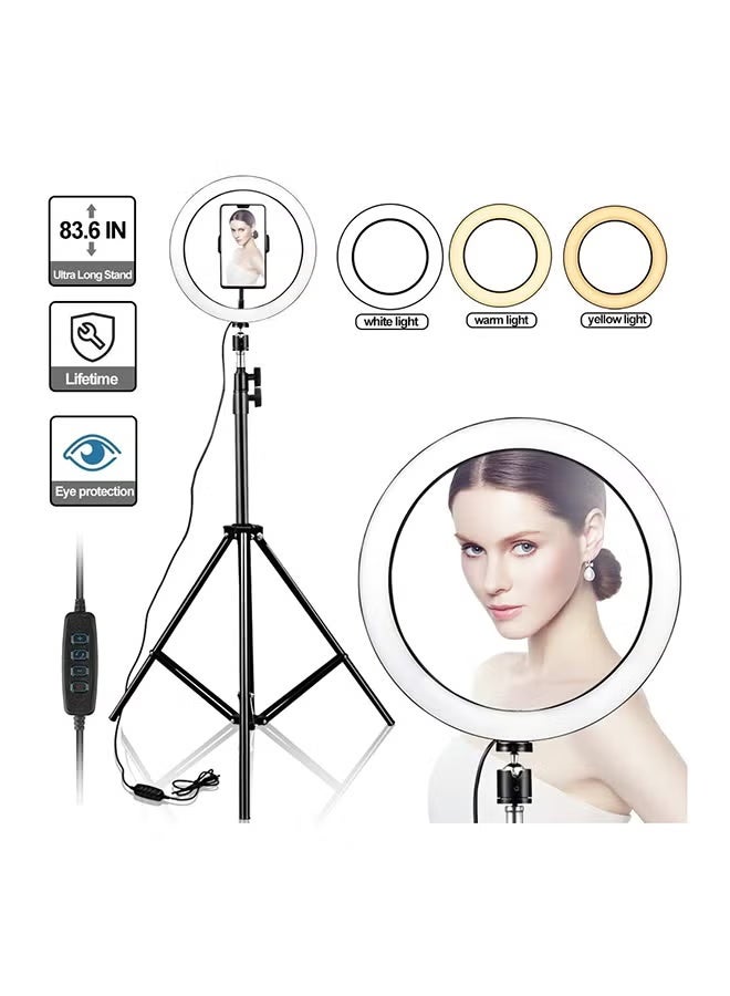 12-inch (26cm) Ring Light with Mobile Phone Holder and Metal Stand, White and Yellow LED Lighting, 3 Professional Color Temperatures for Live Streaming, Selfies, and Beauty Applications - Image 1